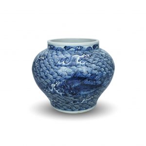 a blue and white ‘fish among waves’ jar