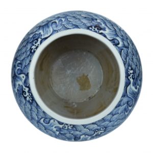 a blue and white ‘fish among waves’ jar